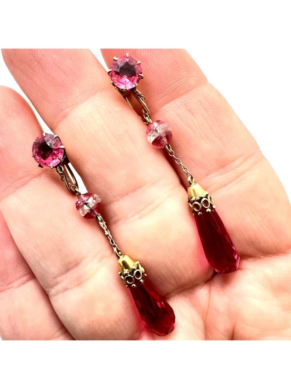 Art Deco Earrings 10K Yellow Gold Pink Czech Glass Chandelier Pierced